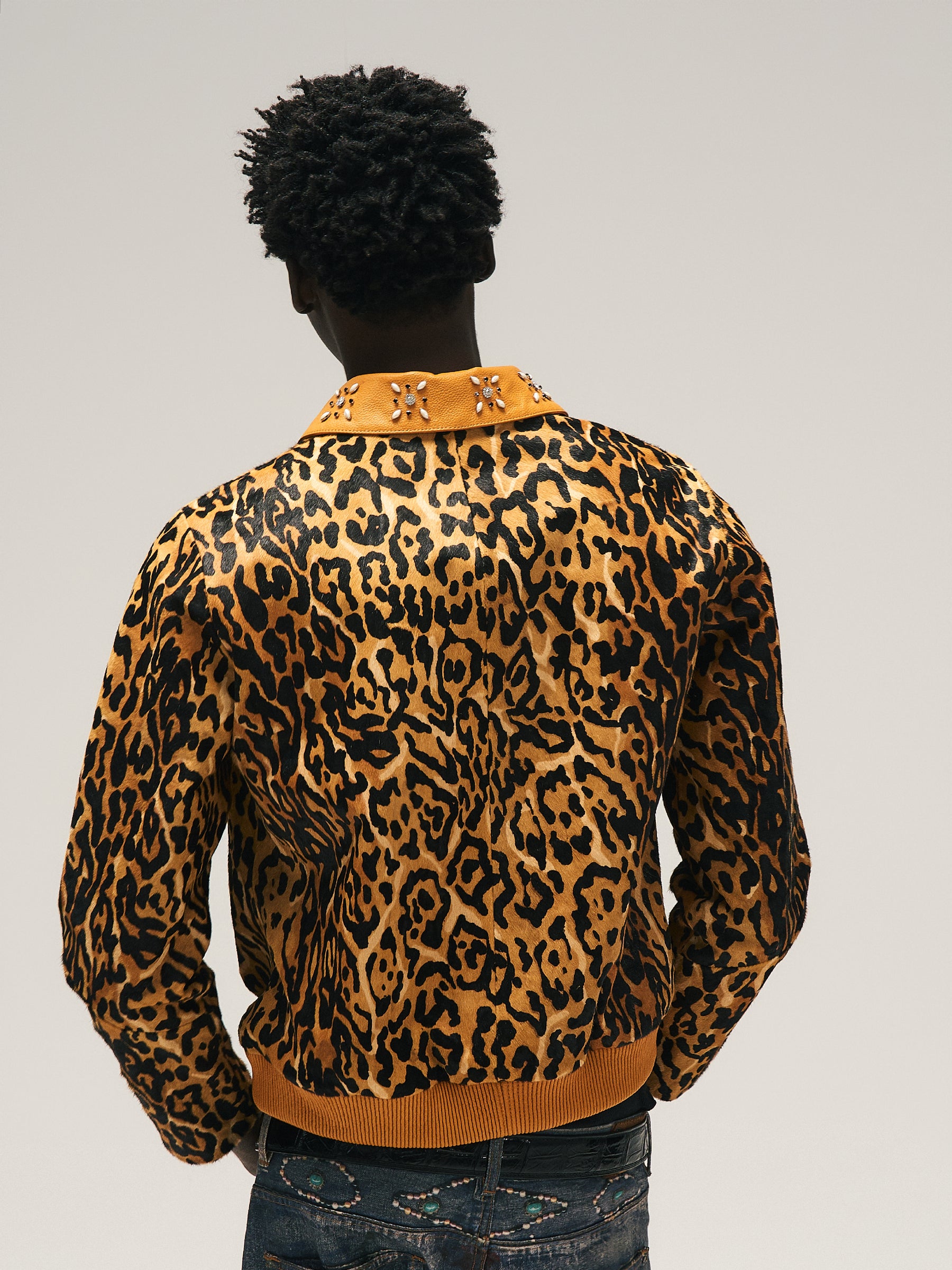 EGLB 24A/W "RAP STAR" SERIES LEOPARD PRINT DIAMOND STUDDED LEATHER JACKET - HANDMADE