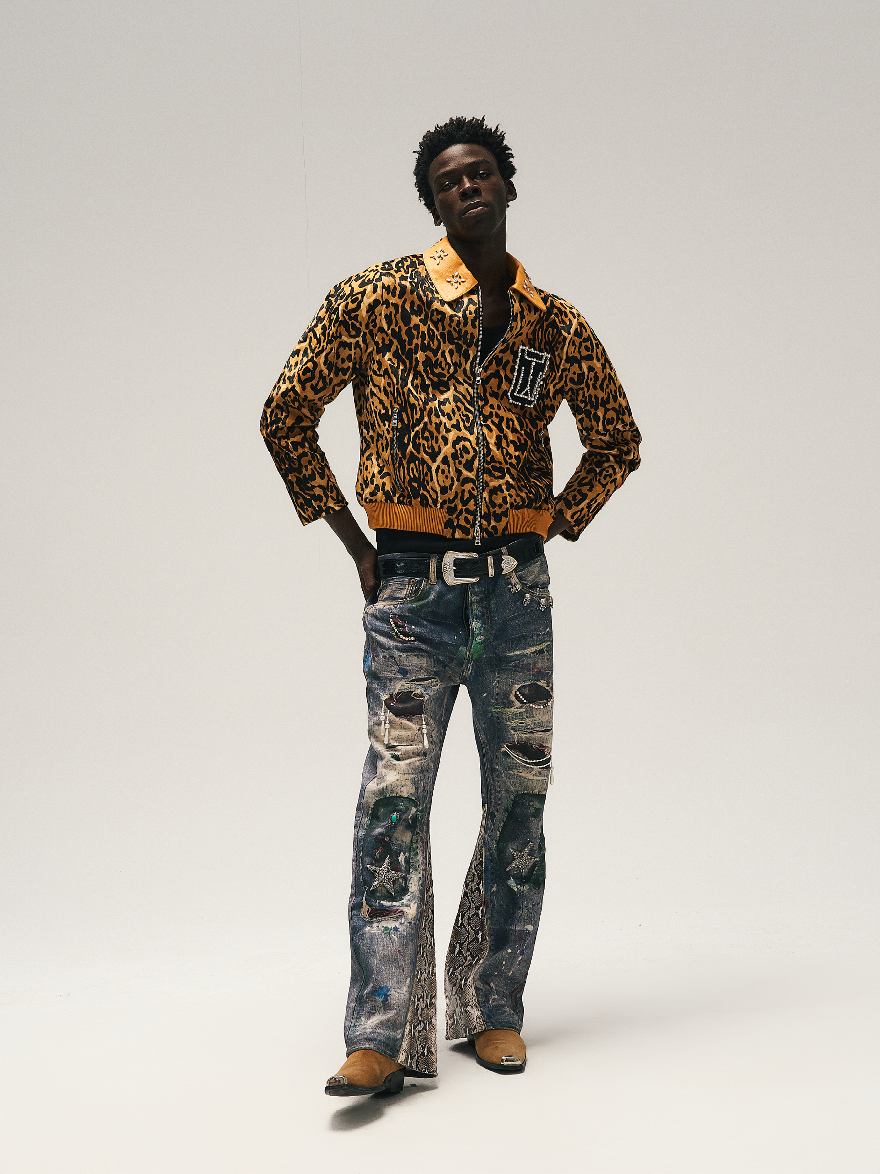 EGLB 24A/W "RAP STAR" SERIES LEOPARD PRINT DIAMOND STUDDED LEATHER JACKET - HANDMADE