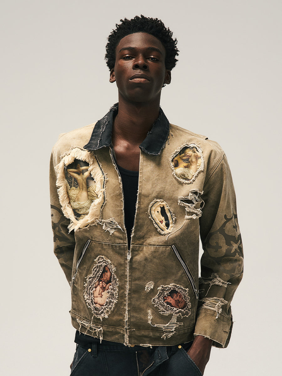 GLACIERBOY 24A/W "RAP STAR" SERIES OIL PAINTING PEARL CANVAS DENIM JACKET