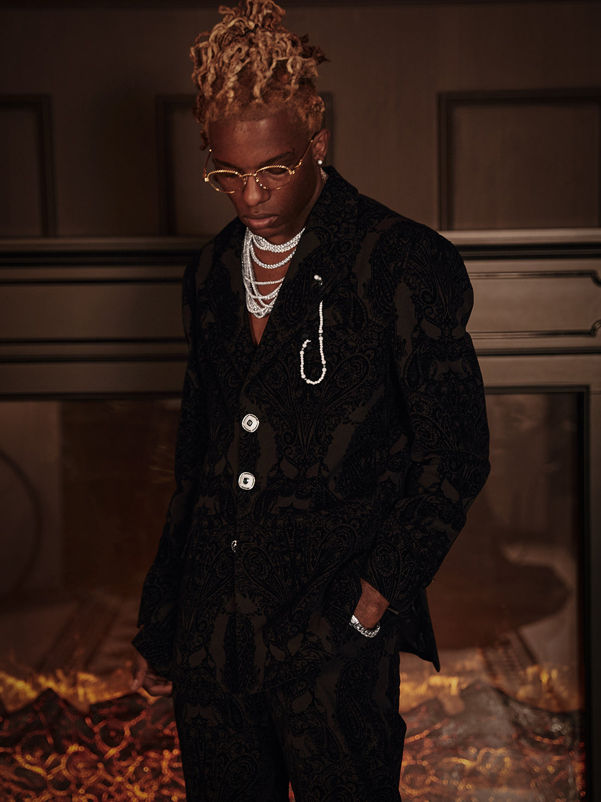 GLACIERBOY 2022 A/W JEWELRY BUTTON & BLACK PAISLEY SUIT TROUSERS