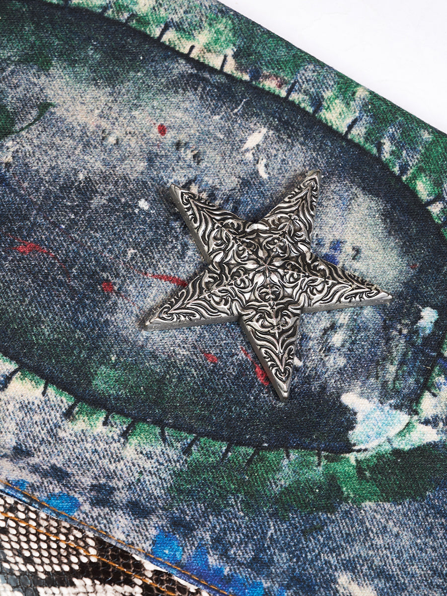 GLACIERBOY 24A/W "RAP STAR" SERIES 3D PRINTED SERPENTINE SPLICING BRUSHED WAX JEANS