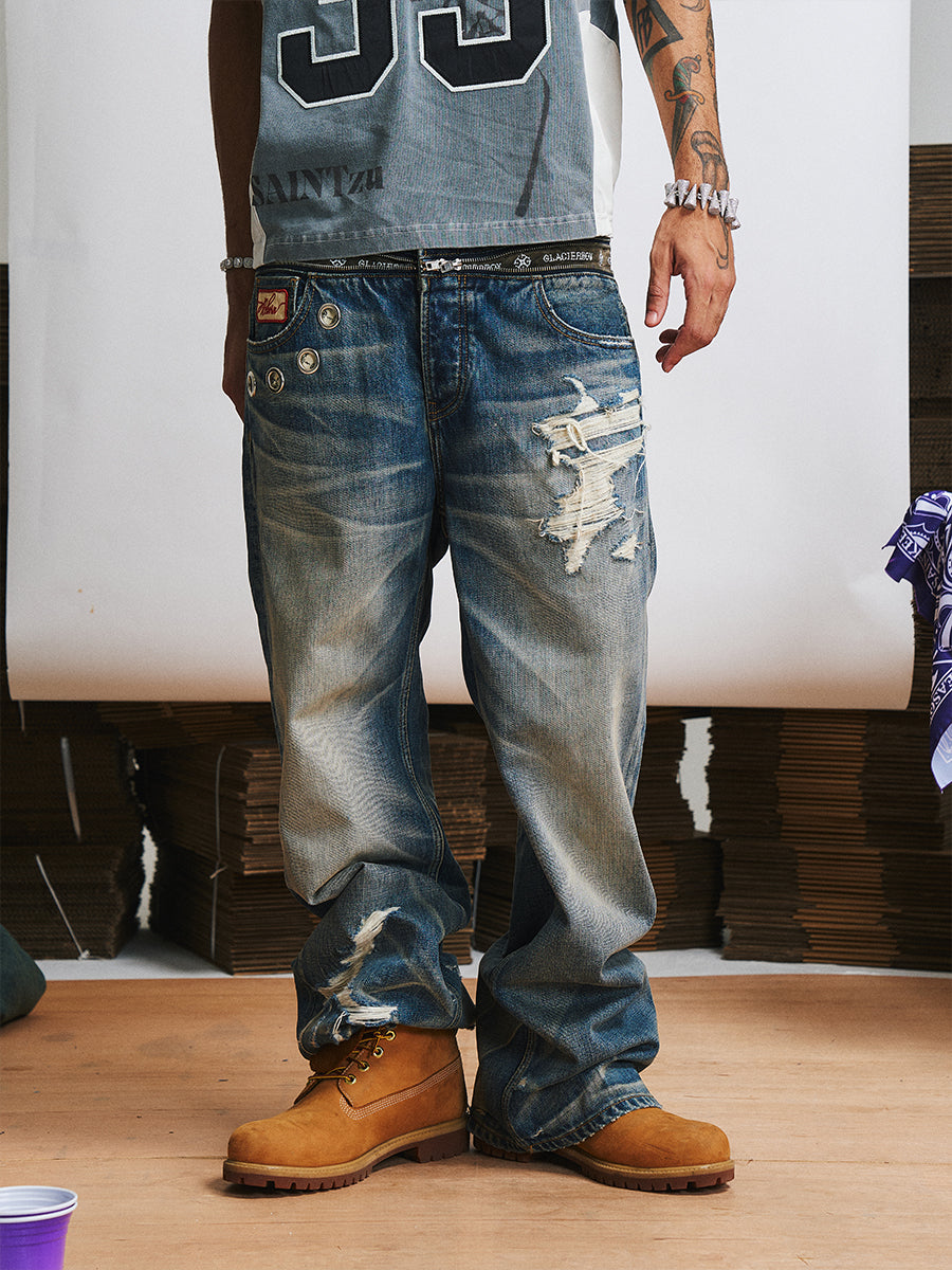 GLACIERBOY 2024 S/S ZIPPER WASHED BAGGY JEANS