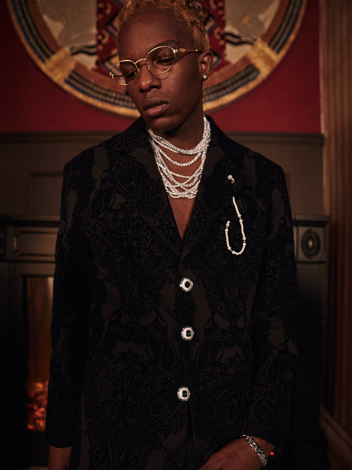 GLACIERBOY 2022 A/W JEWELRY BUTTON & BLACK PAISLEY SUIT TROUSERS