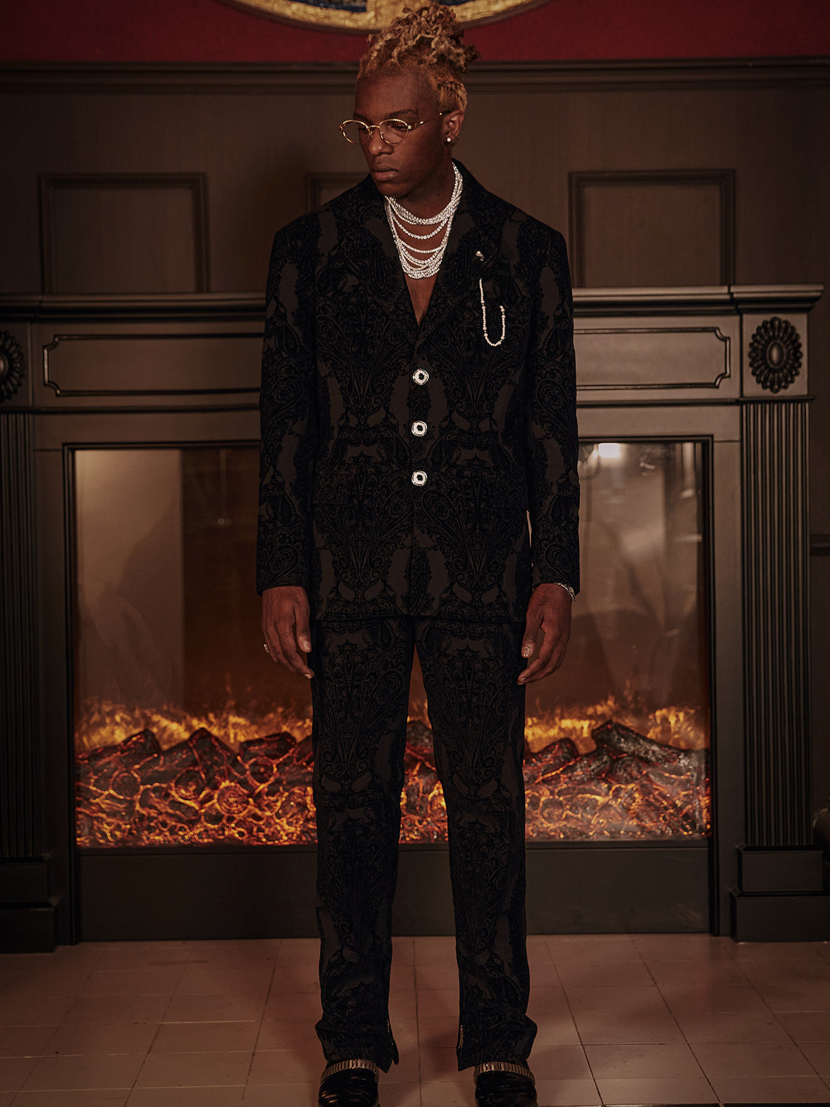 GLACIERBOY 2022 A/W JEWELRY BUTTON & BLACK PAISLEY SUIT TROUSERS