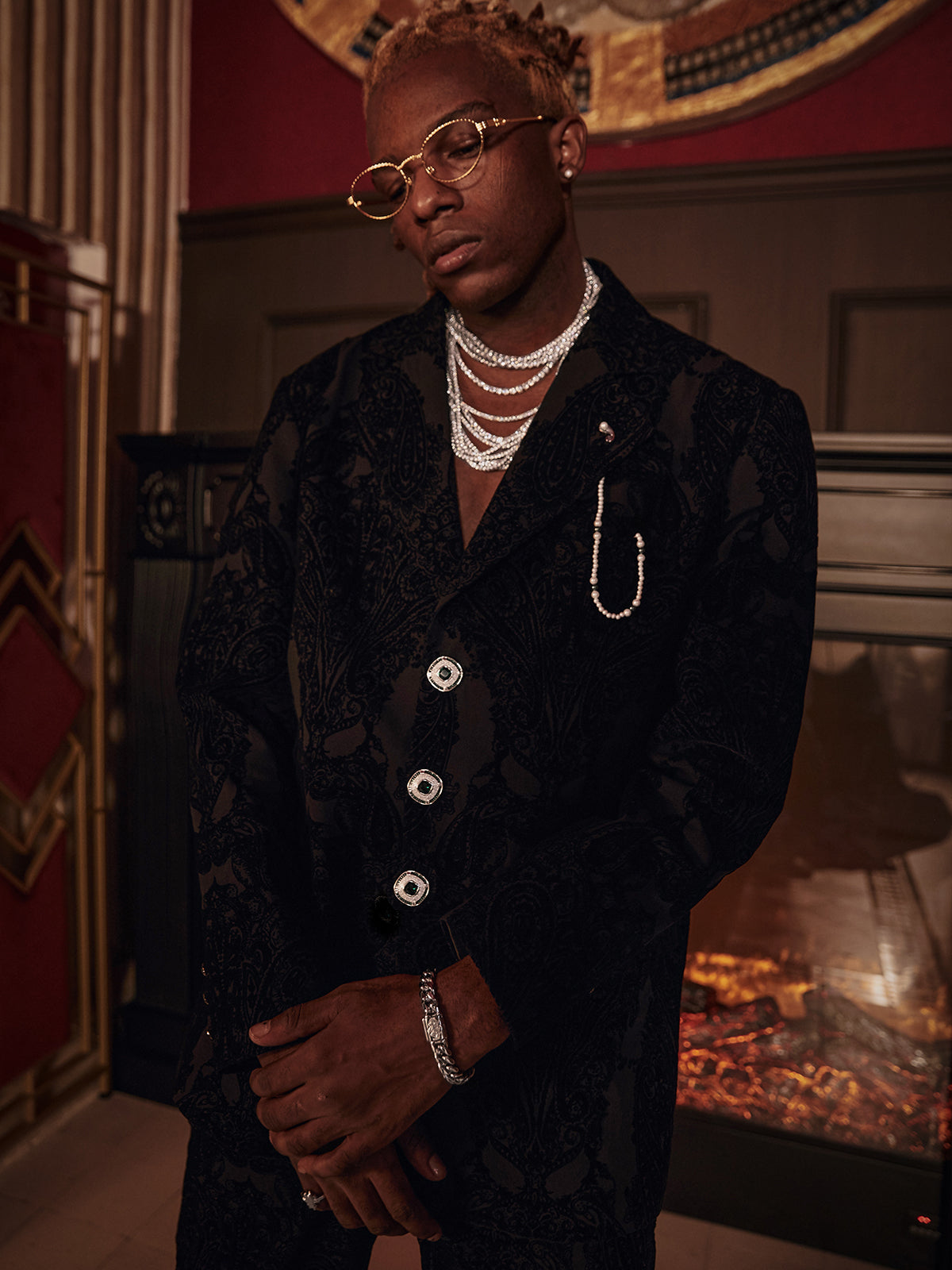 GLACIERBOY 2022 A/W JEWELRY BUTTON & BLACK PAISLEY SUIT TROUSERS