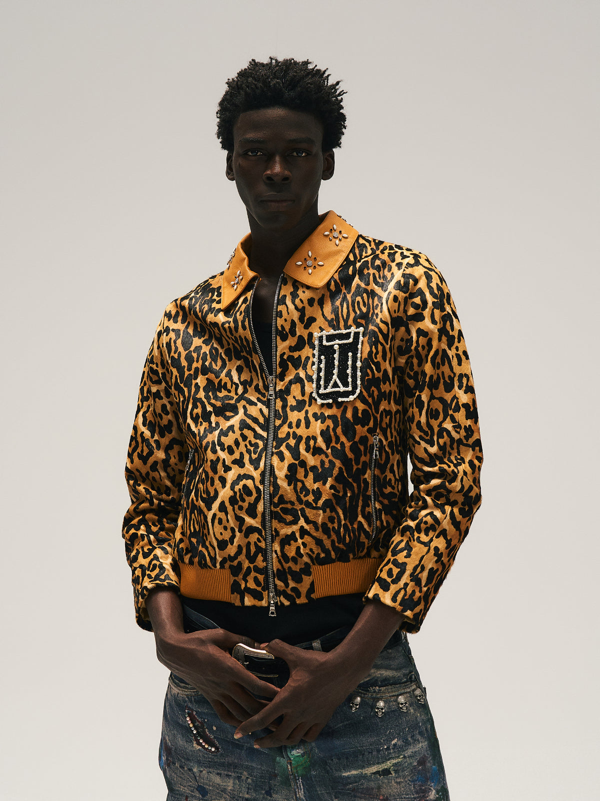 EGLB 24A/W "RAP STAR" SERIES LEOPARD PRINT DIAMOND STUDDED LEATHER JACKET - HANDMADE