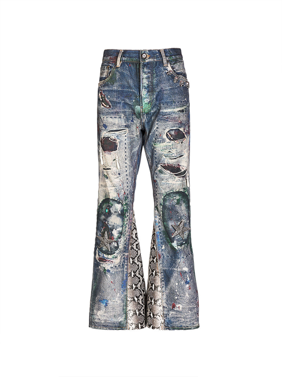 GLACIERBOY 24A/W "RAP STAR" SERIES 3D PRINTED SERPENTINE SPLICING BRUSHED WAX JEANS