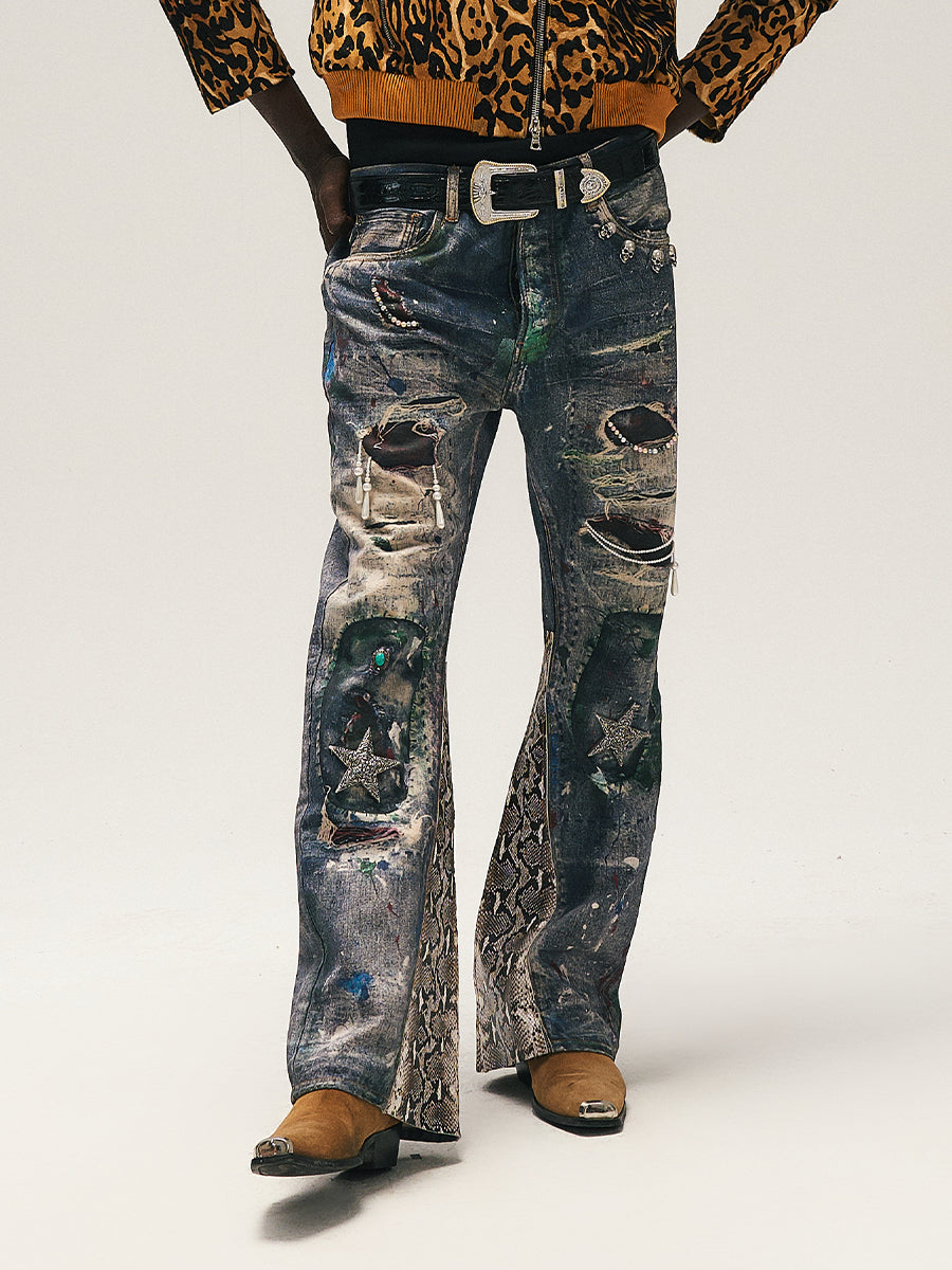 GLACIERBOY 24A/W "RAP STAR" SERIES 3D PRINTED SERPENTINE SPLICING BRUSHED WAX JEANS