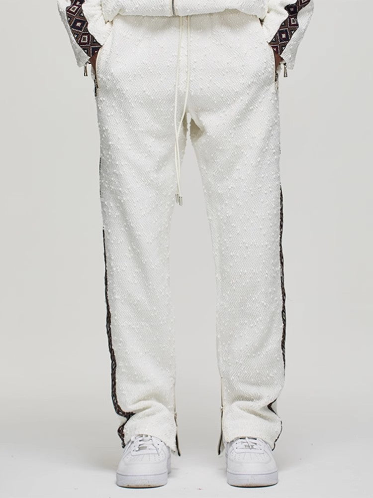 GLAICERBOY 2022 S/S VOL.1 WHITE TWEED SEQUINED ETHNIC TOTEM SWEATPANTS